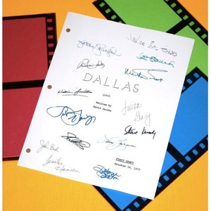 May include: A white sheet of paper with the title "DALLAS" and several signatures, including "Larry Hagman", "Patrick Duffy", and "Linda Gray". The paper also includes the text "First Draft, October 24, 1977".