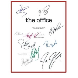 May include: A white page with the title "the office" and the subtitle "Casino Night". The page is signed by several people, including Steve Carell,  and the production code is 221.