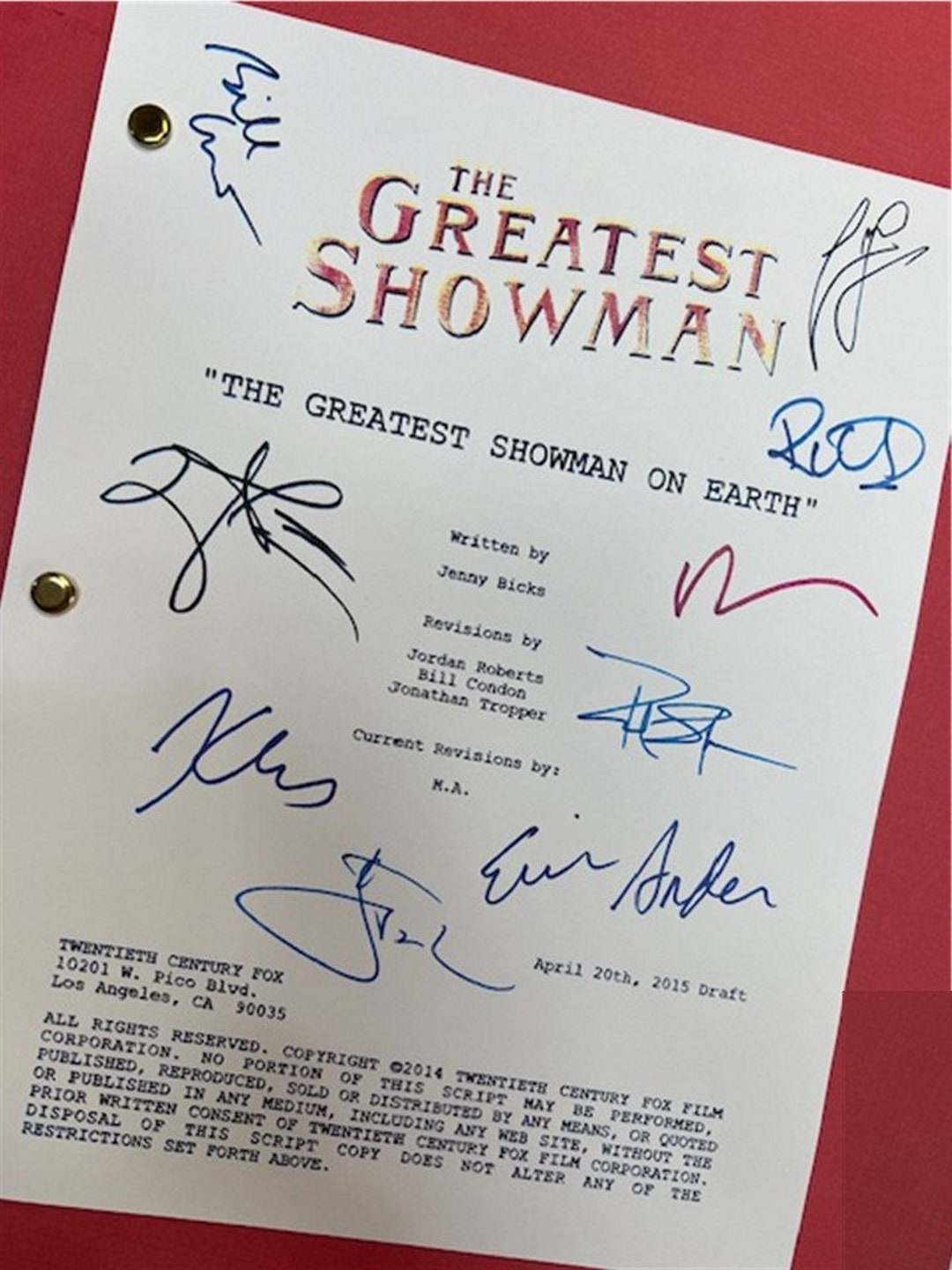 The Greatest Showman Movie Script Signed Hugh Jackman, Zac Efron