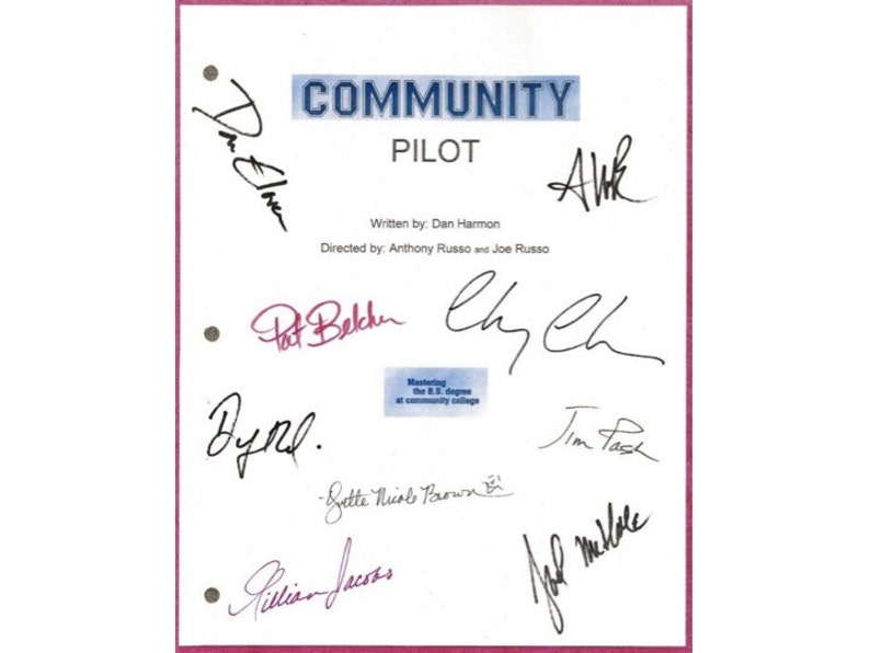 Community Pilot Episode TV Script Autographs: Chevy Chase, Joel McHale, Danny Pudi, Gillian Jacobs, Alison Brie, Donald Glover II image 1