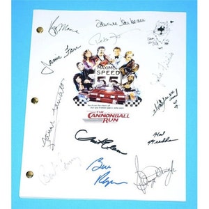 May include: A white script with the title "The Cannonball Run" and the movie poster for the film "The Cannonball Run" featuring Burt Reynolds, Roger Moore, and other actors. The script is signed by the actors, including Burt Reynolds, Jamie Farr, and Roger Moore.