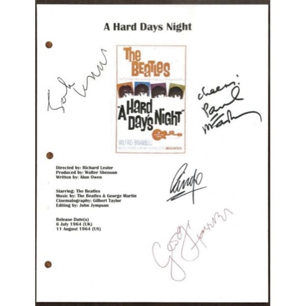 The Beatles "A Hard Day's Night" Movie Script Signed Screenplay Autographed: John Lennon, George Harrison, Paul McCartney, Ringo Starr