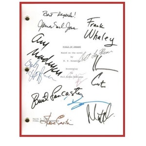 May include: A white script with black ink signatures from the cast and crew of the film "Field of Dreams". The signatures include: Omar Sharif Jr., Frank Whaley, Amy Madigan,  JoBeth Williams, Phil Alden Robinson, Burt Lancaster, Steve Eastin, and Matt.