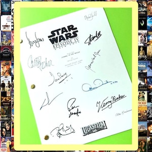 May include: A white page with the title "Star Wars Episode IV: A New Hope" and signatures from the cast and crew, including Carrie Fisher, Mark Hamill, Harrison Ford, and Kenny Baker. The page is on a green background.