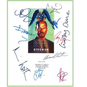 May include: A signed script for the movie "Birdman" with the title "Birdman" and the text "The Unexpected Virtue of Ignorance" printed on the front. The script is signed by the actors Michael Keaton, Edward Norton, Emma Stone, and Zach Galifianakis, as well as the director Alejandro G. Iñárritu.