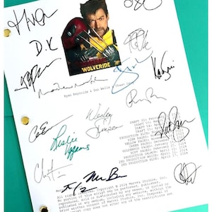 May include: A white script for the movie "Wolverine" with signatures from the cast and crew, including Hugh Jackman, Ryan Reynolds, and director James Mangold. The script cover features a photo of Hugh Jackman as Wolverine and Ryan Reynolds as Deadpool.