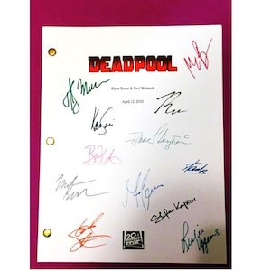 May include: A white script page for the movie "Deadpool" with multiple signatures in black, blue, green, pink, and red ink. The signatures include "Rhett Reese", "Paul Wernick", "Tim Miller", "Stefan Kapicic", "Leslie Uggams", and others. The page is dated "April 12, 2009".