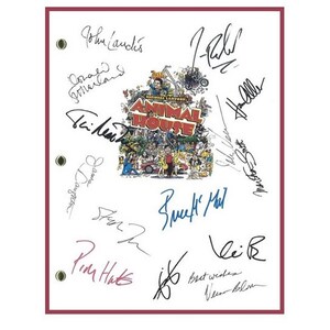 May include: A white sheet of paper with a black and white illustration of a party scene with the words "Animal House" in blue. The paper is signed by the cast of the movie Animal House, including John Belushi, Stephen Furst, and others.