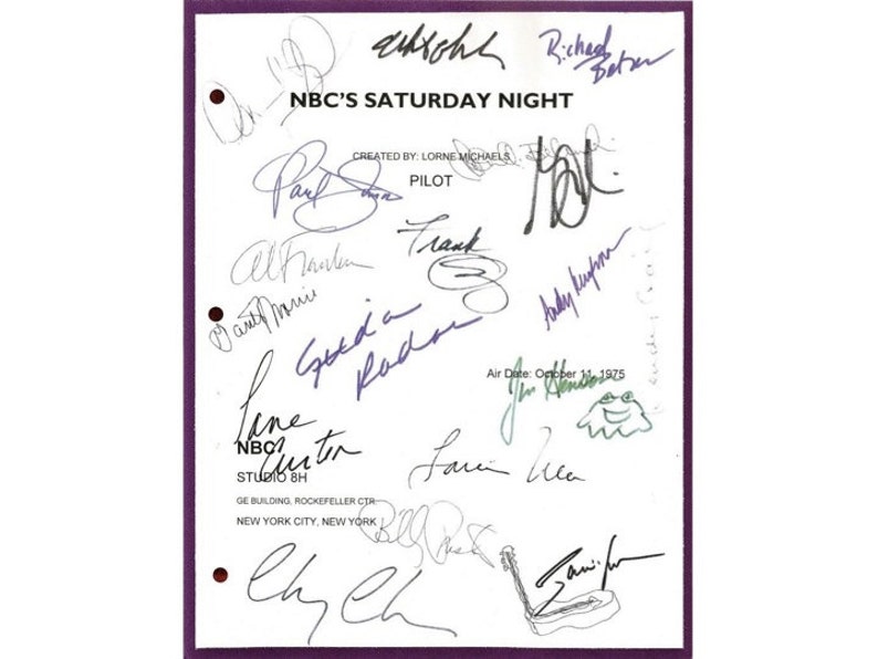 Saturday Night Live Pilot Episode TV Script Autographs: John Belushi, Chevy Chase, Dan Aykroyd, Jane Curtin, Garrett Morris, Gilda Radner image 1