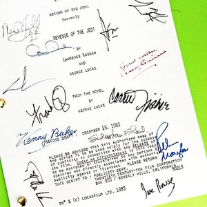 Star Wars Return of The Jedi Movie Script Signed Mark Hamill, Harrison Ford, Carrie Fisher, Anthony Daniels, George Lucas, Peter Mayhew +