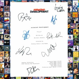 May include: A black and white script for the television show "Arrested Development" with the title "Pilot" and the names of the writer and director. The script is signed by the cast members: Jason Bateman, Michael Cera, Portia de Rossi, Will Arnett, Alia Shawkat, and David Cross.