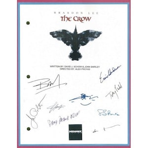 May include: A script page for "The Crow" movie, featuring the title and a crow graphic. The page includes the names of the writer, director, and signatures. The Miramax logo is at the bottom. The page is framed with a blue and pink border.