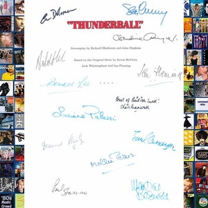 May include: A white sheet of paper with the title "THUNDERBALL" in red letters. The paper is signed by various people, including "B. Delorme", "Saluny", "Claudine", "Roland Hill", "Bernard Lee", "Luciano Paluzzi", "How Heming", "Paul Stassino", "Mollie Peters", "Earl Amagh", and "Watas Besavide". The paper also includes the text "Screenplay by Richard Maibaum and John Hopkins" and "Based on the Original Story by Kevin McClory, Jack Whittingham and Ian Fleming".