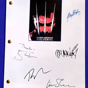 May include: A white script page with a black and red movie poster for X-Men Origins: Wolverine. The poster features a close-up of Wolverine's face with his claws extended. The script page is signed by Hugh Jackman, Liev Schreiber, Taylor Kitsch, Danny Huston, and Lynn Collins.