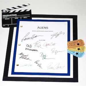 May include: A framed movie script for the film "Aliens" written and directed by James Cameron. The script is signed by several cast and crew members, including Sigourney Weaver,  and includes a few movie ticket stubs.