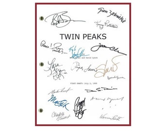 May include: A white page with the title "TWIN PEAKS" written in black. The page is signed by various people, including the names "Mark Frost" and "David Lynch".
