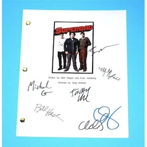 May include: A white script for the movie "Superbad" with signatures from the cast and crew, including Michael Cera, Jonah Hill, Bill Hader, and Greg Mottola.
