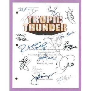 May include: A signed script for the movie "Tropic Thunder" with the title in bold, the date "August 13, 2008", and the names "Ben Stiller", "Stuart Cornfeld", "Eric McLeod", "Etan Cohen", "Justin Theroux", "Robert Downey Jr.", "Jack Black", "Tom Cruise", "Jay Baruchel", "Steve Coogan", "Matthew McConaughey", "Bill Hader", "Brandon T. Jackson", and "Jeff Portnoy" in handwritten signatures.