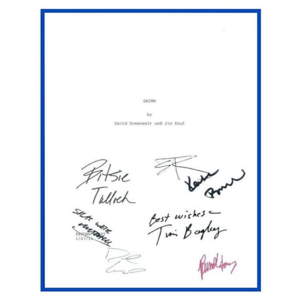 Grimm Pilot Episode TV Script Signature Autographs: David Giuntoli, Russell Hornsby, Bitsie Tulloch, Tim Bagley, Kate Burton, Sasha Roiz