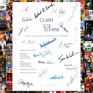 May include: A white sheet of paper with the title "Clash of the Titans" and a list of credits, including the writers, director, producers, and studio. The paper is surrounded by a collage of movie posters.