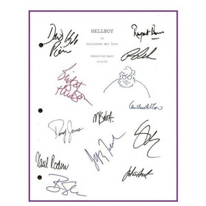 May include: A black and white script for the movie "Hellboy" with signatures from the cast and crew, including Guillermo del Toro, Ron Perlman, Selma Blair, and Doug Jones.