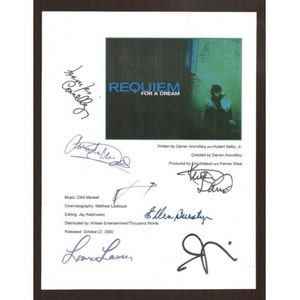 May include: A signed movie poster for the film "Requiem for a Dream" featuring a blue and green image of a person. The poster includes the film's title, credits, and release date.