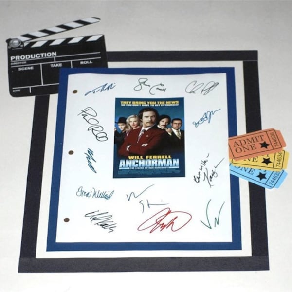 Guion de guión de la película Anchorman autografiado: Will Ferrell, Vince Vaughn, Paul RUdd, Steve Carrell, Christina Applegate, Ben Stiller