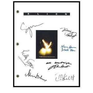 May include: A white script with the word "ALIEN" at the top. The script is signed by several people, including Sigourney Weaver, Ridley Scott, and others. The script features a black and white image of a spaceship in the center.