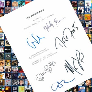 May include: A white sheet of paper with several blue and black signatures. The signatures are for the movie "The Descendants" written by Alexander Payne, Sat Faxon, and Jim Bash. The paper also includes the names of the production companies, Ad Hominem Enterprises and Fox Searchlight Pictures, and the dates September 10, 2011, and November 18, 2011.