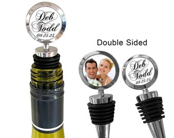 Wedding Wine Gift, Gift for couple, Personalized Wine Stopper with two names and date and photo - Double Sided Wine Stopper, bride and groom