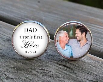Personalized Father of the Groom Cuff Links - Custom Photo Cufflinks - Dad, a Son's First Hero Wedding Keepsake