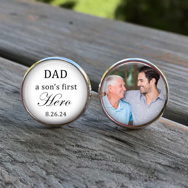 Personalized Father of the Groom Cuff Links - Custom Photo Cufflinks - Dad, a Son's First Hero Wedding Keepsake