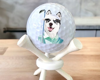 GIFT SET, Dog Face Golf Ball with Tee Stand, your dog in golf shirt and visor, custom face golf balls, fun gift for golfer