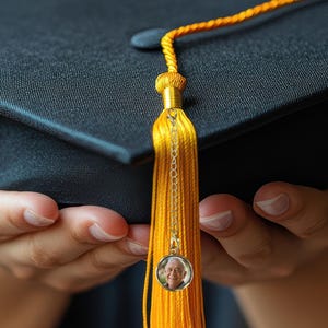 May include: A black graduation cap with a gold tassel and a small round charm with a photo of a person. The cap is being held by a person's hands.