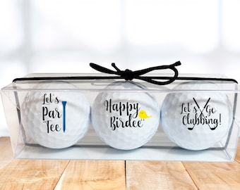 Happy birthday golf balls -3 golf balls - Happy Birdie, Let's Par Tee, Let's go clubbing, Fun Gift for golfer - Birthday Gift for Golfer
