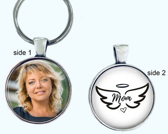 MEMORIAL KEYCHAIN - Angel wings and any name - Your LOVED one's photo on one side - in memory of - in loving memory - memorial gift