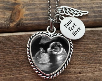 Baby Memorial Heart Necklace with engraved charm and angel wing, sonogram heart shaped necklace, memorial gift, loss of baby