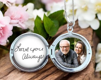 Personalized HANDWRITING and Photo Locket Necklace – Holiday Gift for Her – Antique Silver, Gold, Rose Gold, Memorial Pendant