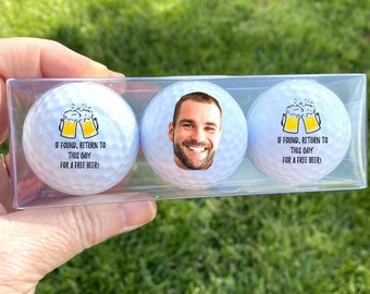 Funny Father's Day Gift - photo golf balls - if found return to this guy for a free beer- personalized golf balls, husband, dad, boyfriend