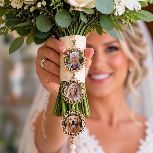 Gold Memorial Wedding Bouquet Charm | Personalized Photo Charm | Bridal Bouquet Keepsake