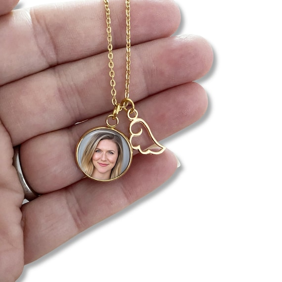 Dainty Memorial Necklace With Your Photo and Angel Wing Loss of