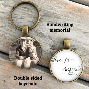 May include: Double-sided keychain with a photo of a family on one side and handwritten text that says "love ya - My Dad" on the other side.