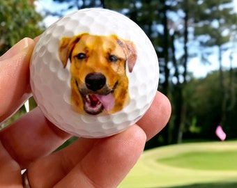 May include: A white golf ball with a printed image of a brown dog's face. The dog is smiling with its tongue sticking out.