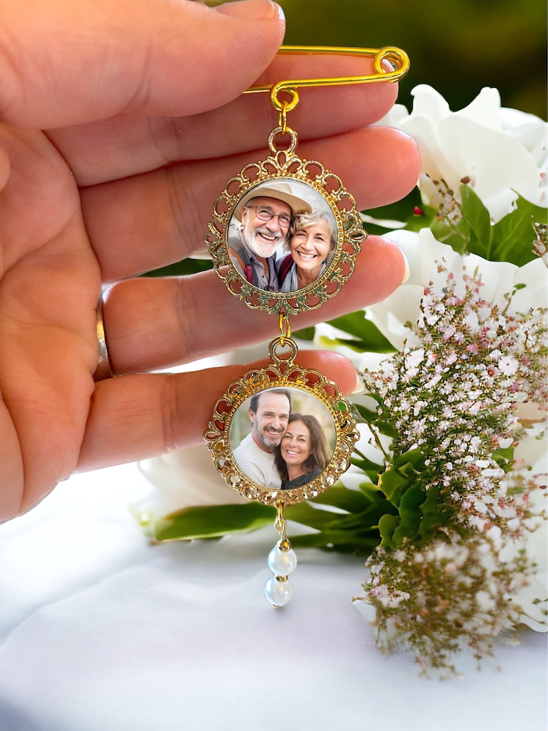 Custom gold bridal charm with double photo and pearls