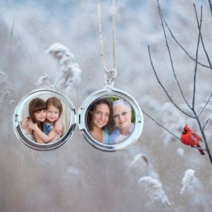 May include: A silver locket necklace with two photos inside. One photo shows two young girls hugging, and the other photo shows two women smiling. The locket is hanging against a snowy background with a red cardinal bird perched on a branch.