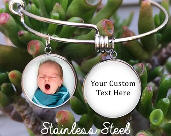 Photo and Text bracelet, photo charm bracelet, custom photo charm bracelet, personalized bracelet, stainless steel bangle, gift for her