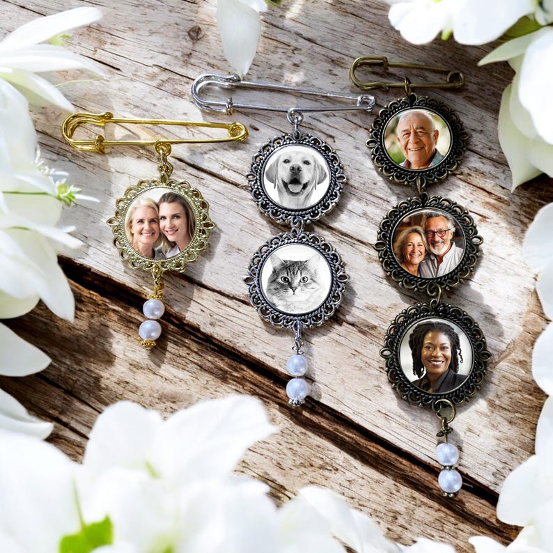 Elegant gold photo charms for wedding bouquet remembrance
