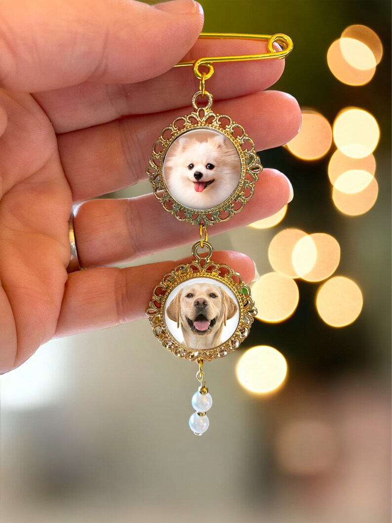 Vintage-style gold bridal bouquet charm with photos