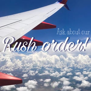 May include: An airplane wing with red wingtips against a blue sky with white clouds. The text "Ask about our Rush order!" is superimposed on the image.