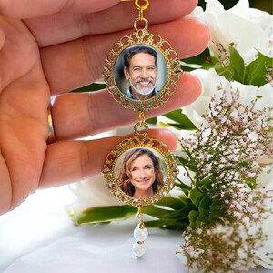 Personalized wedding bouquet pin with memorial photos